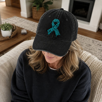 Personalized Hope Love Strength Courage Teal Ribbon Embroidered Washed Cap