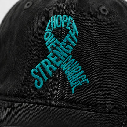 Personalized Hope Love Strength Courage Teal Ribbon Embroidered Washed Cap