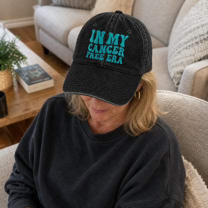 Personalized In My Free Era Teal Ribbon Embroidered Washed Cap