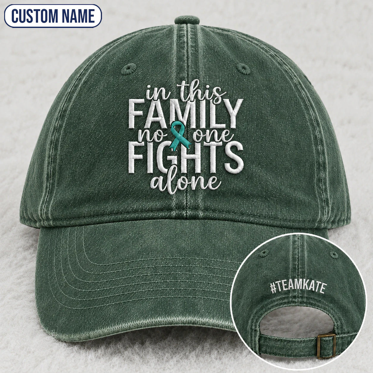Personalized In This Family No One Fights Alone Teal Ribbon Embroidered Washed Cap