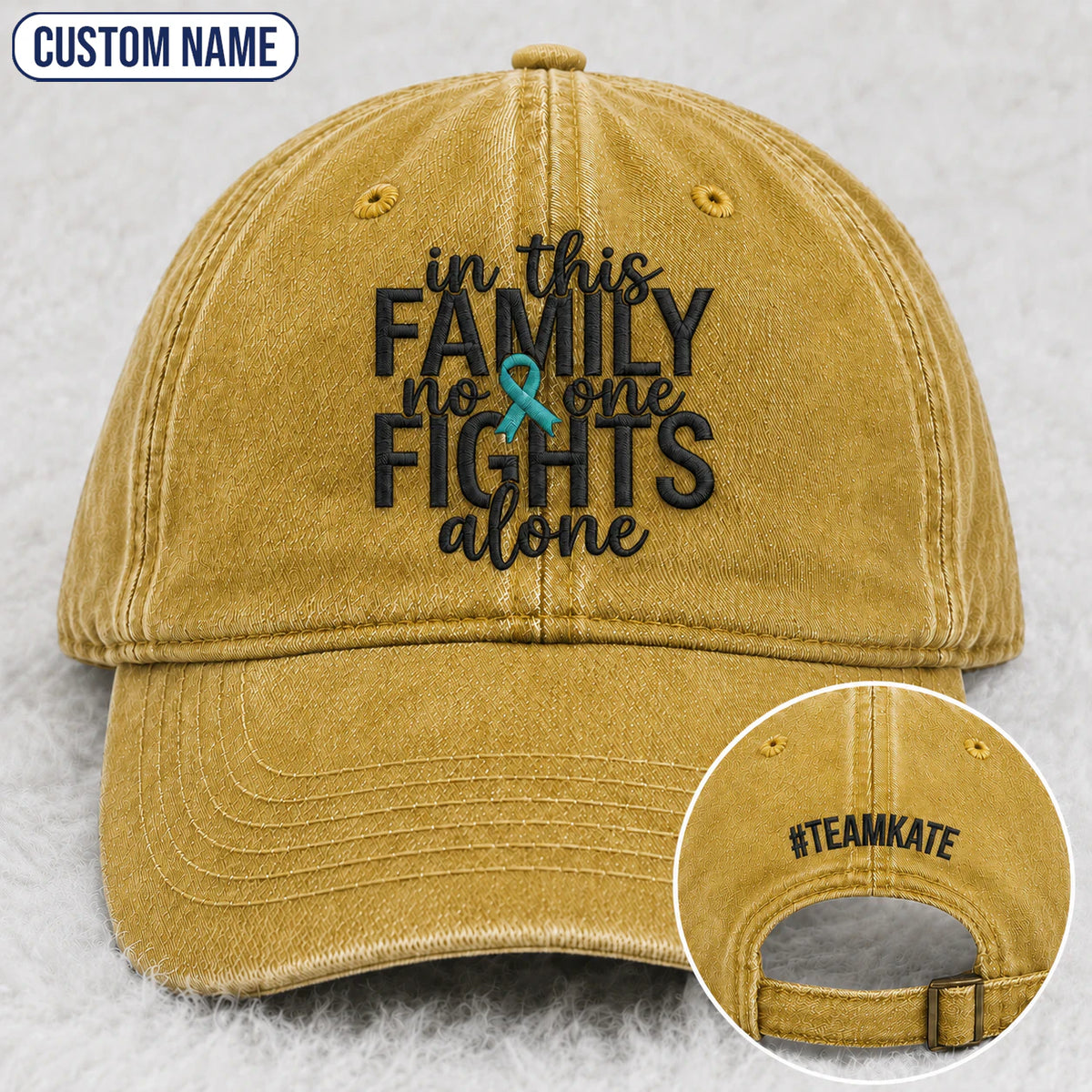 Personalized In This Family No One Fights Alone Teal Ribbon Embroidered Washed Cap
