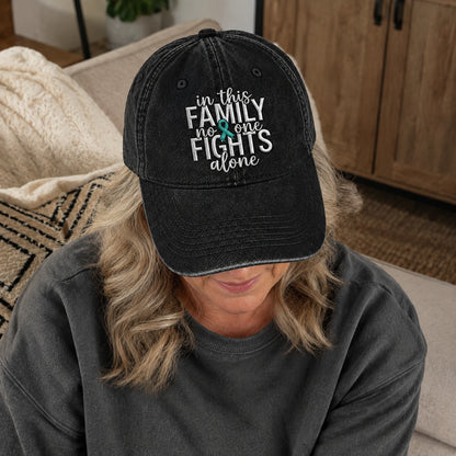Personalized In This Family No One Fights Alone Teal Ribbon Embroidered Washed Cap