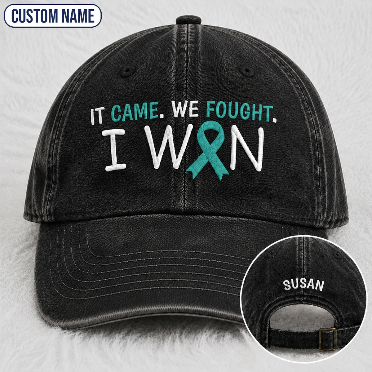 Personalized It Came We Fought I Won Teal Ribbon Embroidered Washed Cap