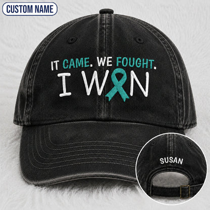 Personalized It Came We Fought I Won Teal Ribbon Embroidered Washed Cap