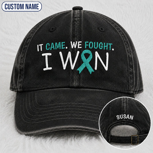 Personalized It Came We Fought I Won Teal Ribbon Embroidered Washed Cap