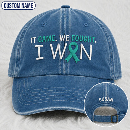 Personalized It Came We Fought I Won Teal Ribbon Embroidered Washed Cap