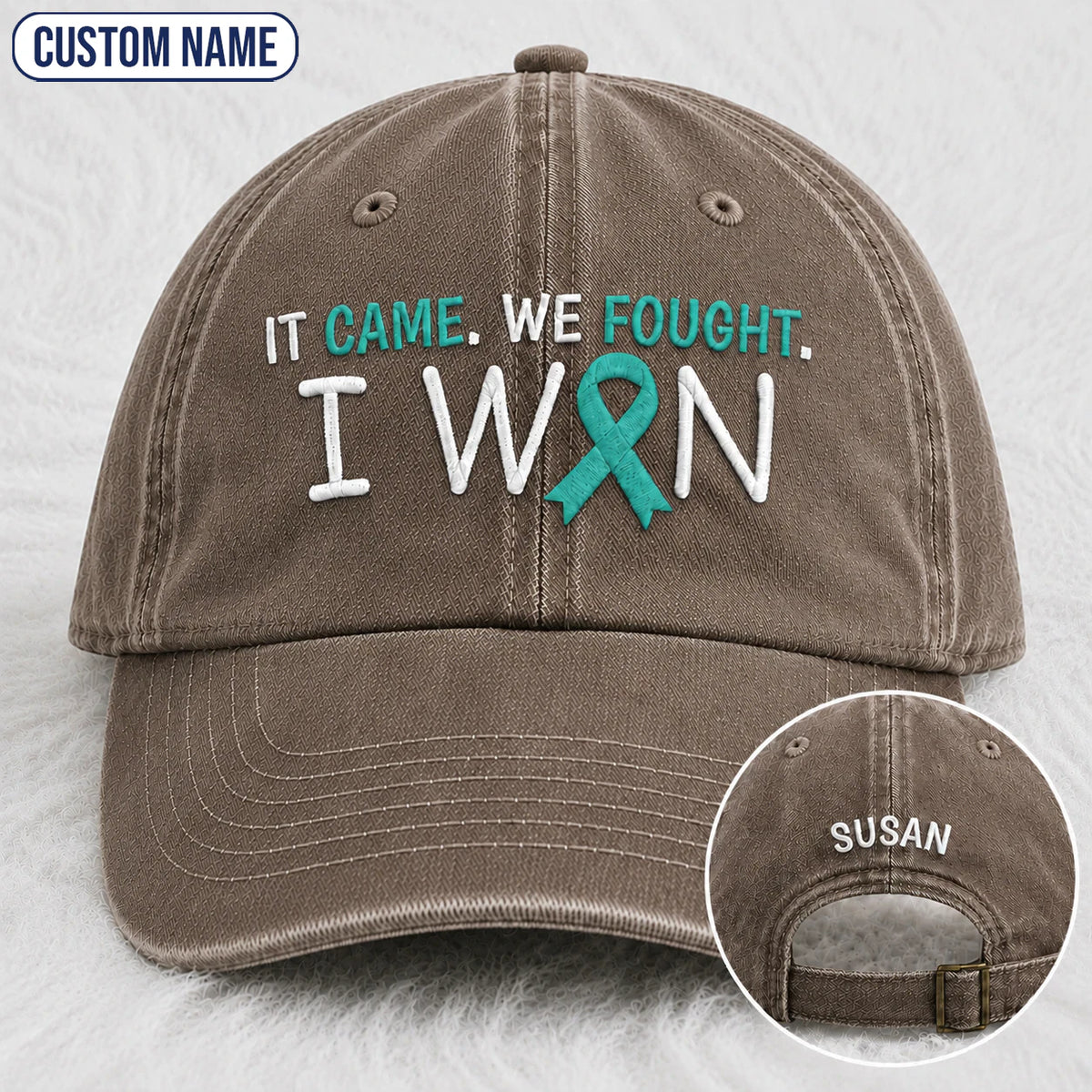 Personalized It Came We Fought I Won Teal Ribbon Embroidered Washed Cap