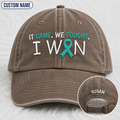 Personalized It Came We Fought I Won Teal Ribbon Embroidered Washed Cap
