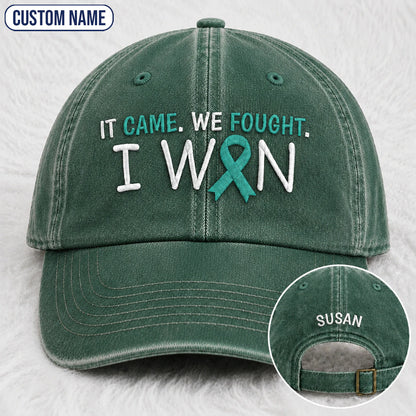 Personalized It Came We Fought I Won Teal Ribbon Embroidered Washed Cap