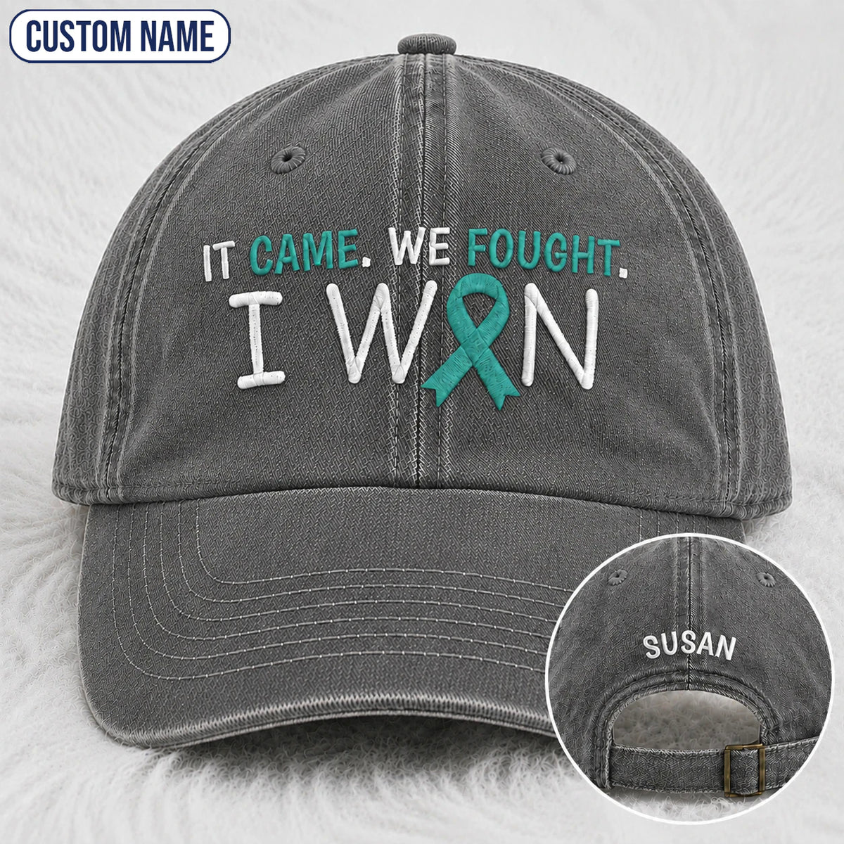 Personalized It Came We Fought I Won Teal Ribbon Embroidered Washed Cap