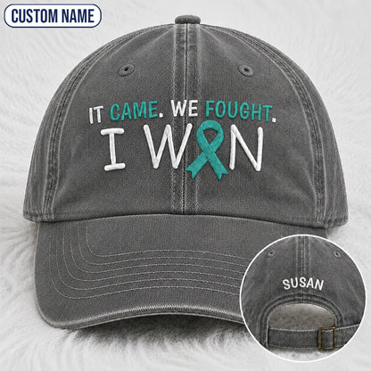 Personalized It Came We Fought I Won Teal Ribbon Embroidered Washed Cap