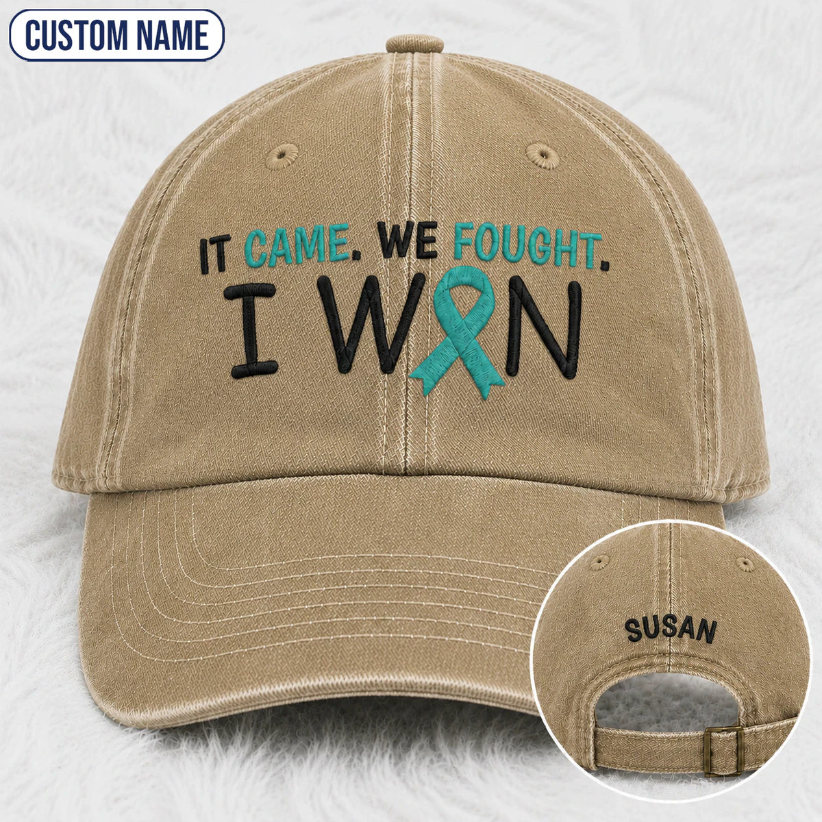 Personalized It Came We Fought I Won Teal Ribbon Embroidered Washed Cap