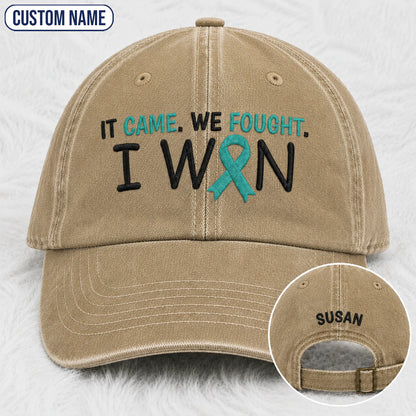 Personalized It Came We Fought I Won Teal Ribbon Embroidered Washed Cap
