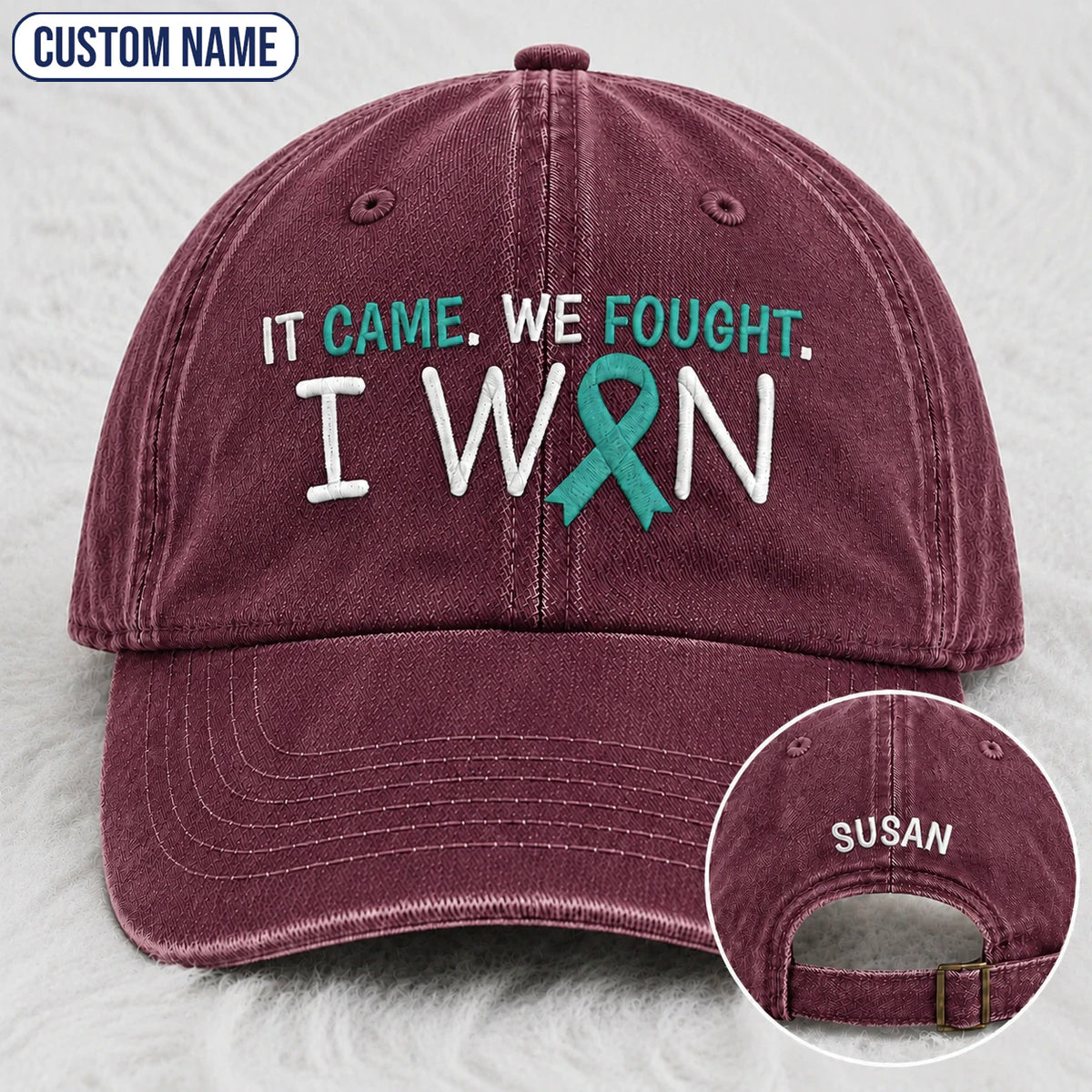 Personalized It Came We Fought I Won Teal Ribbon Embroidered Washed Cap