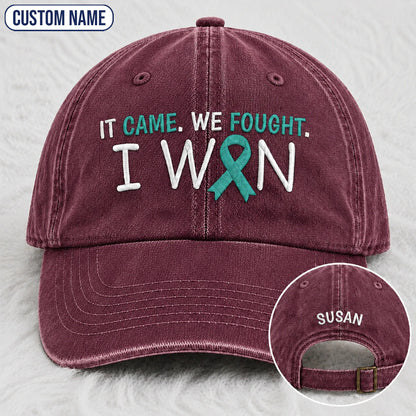 Personalized It Came We Fought I Won Teal Ribbon Embroidered Washed Cap