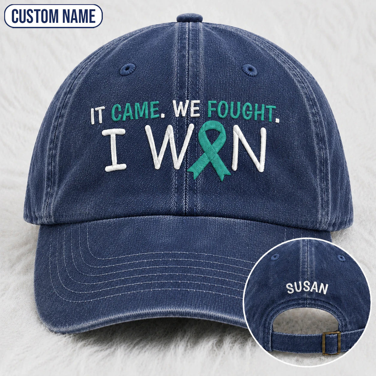 Personalized It Came We Fought I Won Teal Ribbon Embroidered Washed Cap