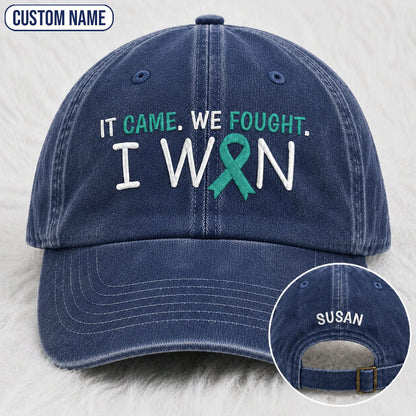 Personalized It Came We Fought I Won Teal Ribbon Embroidered Washed Cap