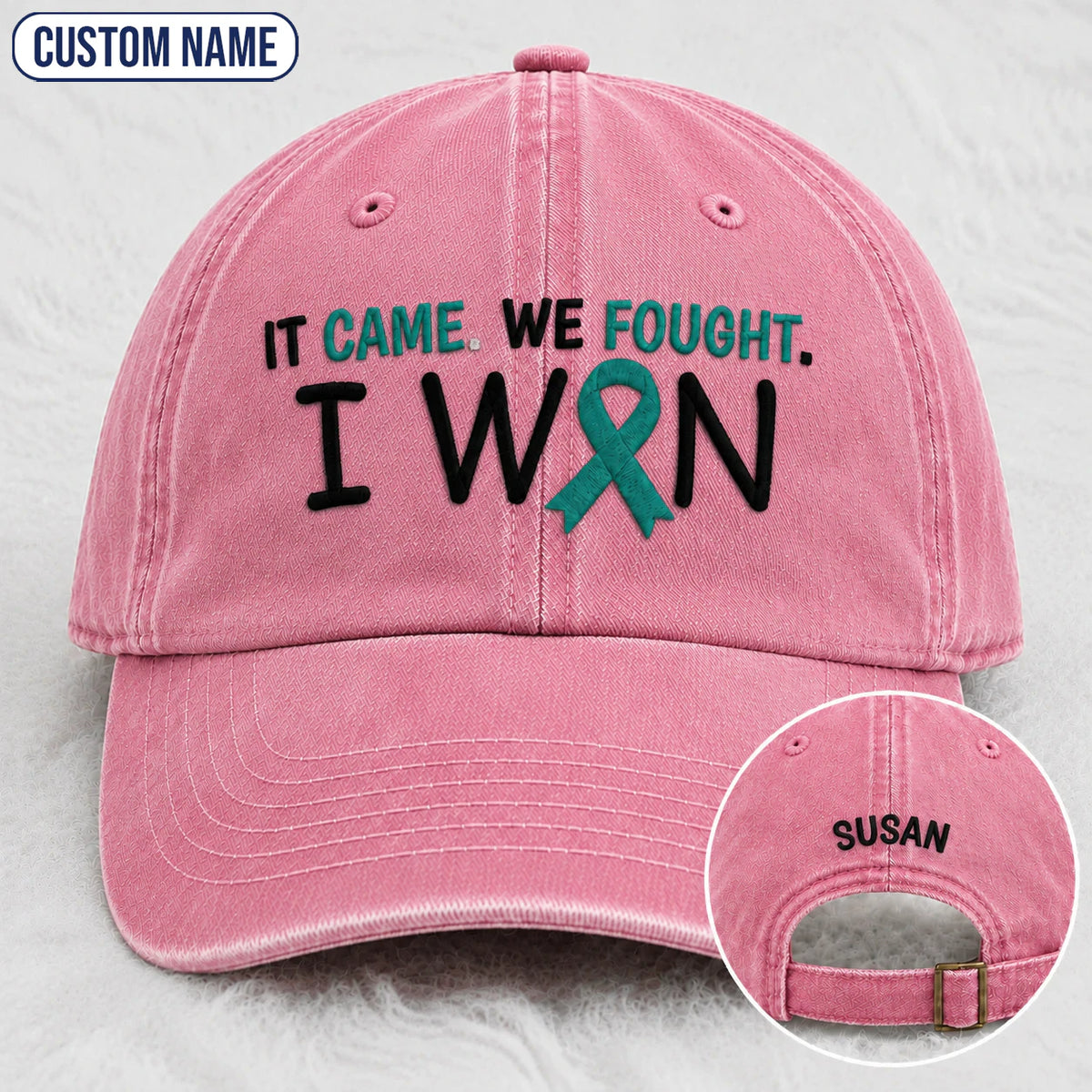 Personalized It Came We Fought I Won Teal Ribbon Embroidered Washed Cap