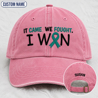 Personalized It Came We Fought I Won Teal Ribbon Embroidered Washed Cap