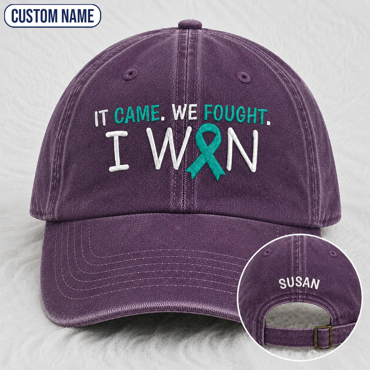 Personalized It Came We Fought I Won Teal Ribbon Embroidered Washed Cap