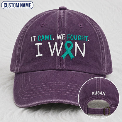 Personalized It Came We Fought I Won Teal Ribbon Embroidered Washed Cap