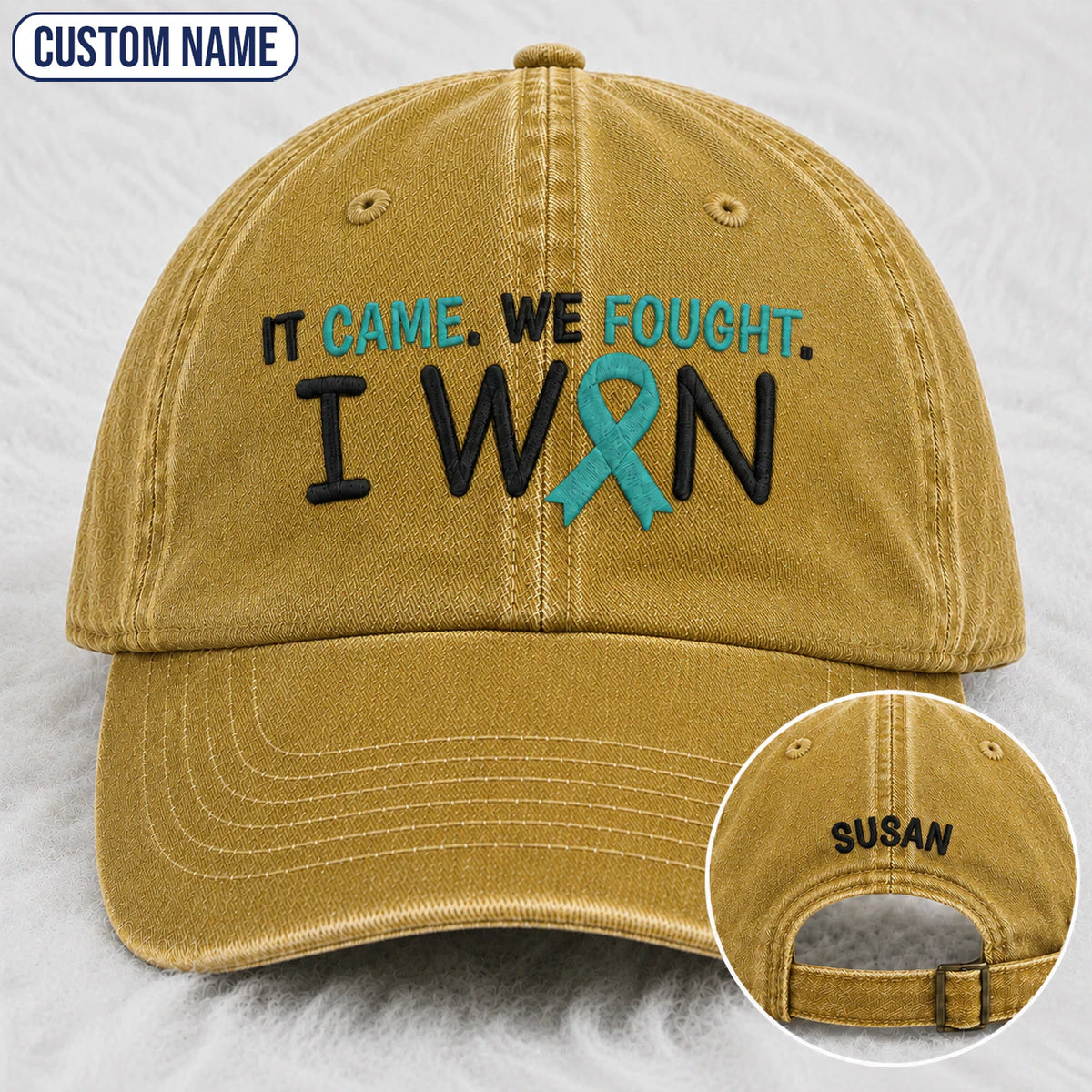 Personalized It Came We Fought I Won Teal Ribbon Embroidered Washed Cap