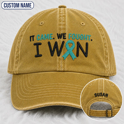 Personalized It Came We Fought I Won Teal Ribbon Embroidered Washed Cap