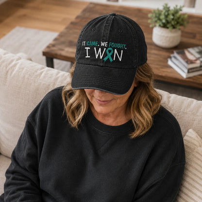 Personalized It Came We Fought I Won Teal Ribbon Embroidered Washed Cap