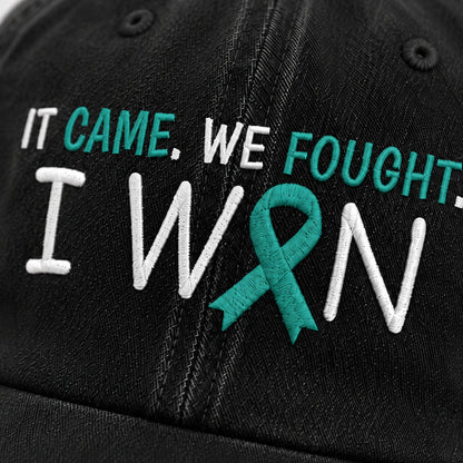 Personalized It Came We Fought I Won Teal Ribbon Embroidered Washed Cap
