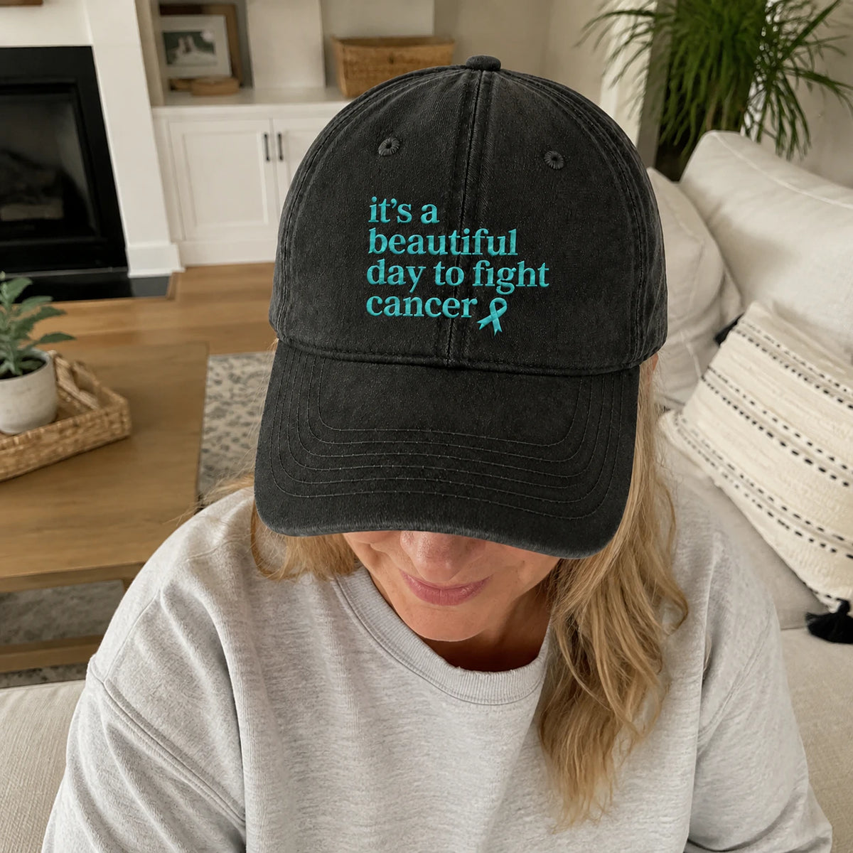 Personalized It'S A Beautiful Day To Fight Teal Ribbon Embroidered Washed Cap