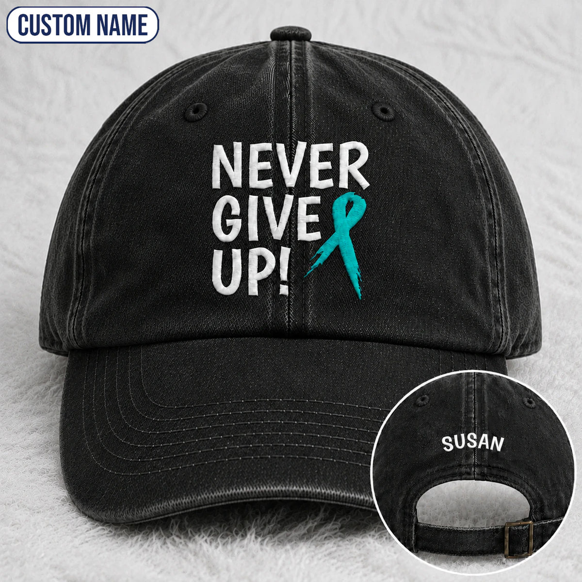 Personalized Never Give Up Teal Ribbon Embroidered Washed Cap