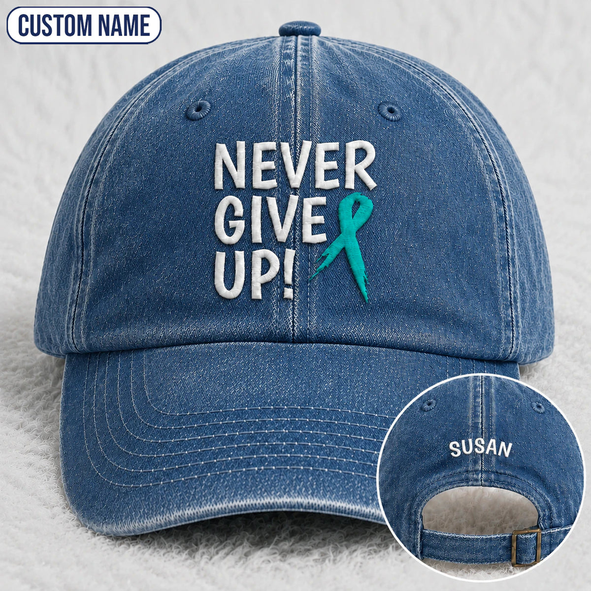 Personalized Never Give Up Teal Ribbon Embroidered Washed Cap