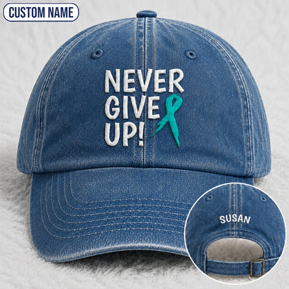 Personalized Never Give Up Teal Ribbon Embroidered Washed Cap