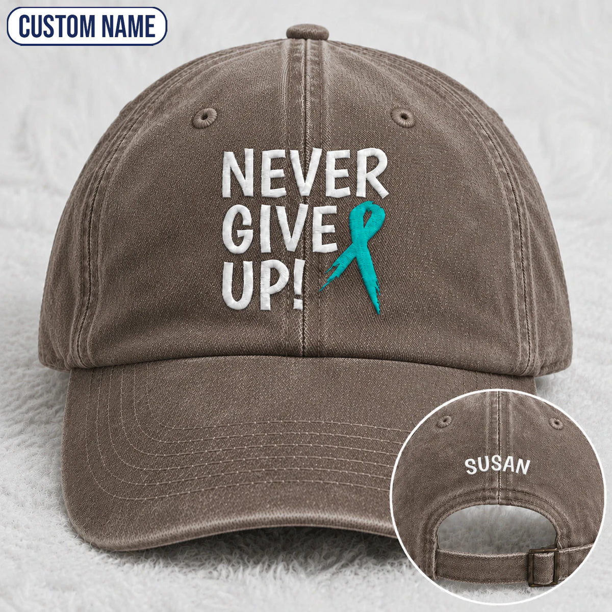 Personalized Never Give Up Teal Ribbon Embroidered Washed Cap