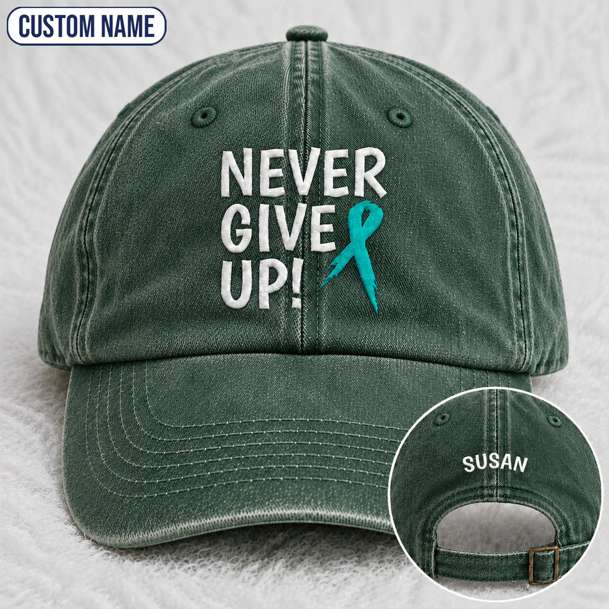 Personalized Never Give Up Teal Ribbon Embroidered Washed Cap