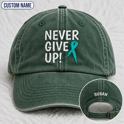 Personalized Never Give Up Teal Ribbon Embroidered Washed Cap