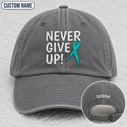 Personalized Never Give Up Teal Ribbon Embroidered Washed Cap
