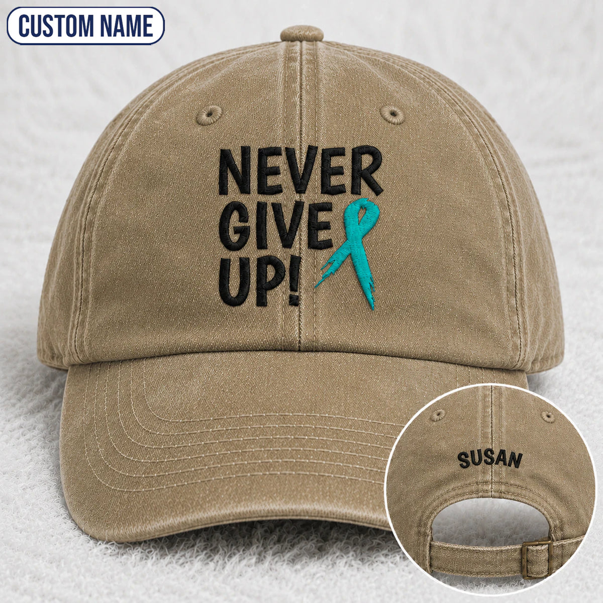 Personalized Never Give Up Teal Ribbon Embroidered Washed Cap