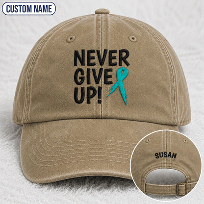Personalized Never Give Up Teal Ribbon Embroidered Washed Cap