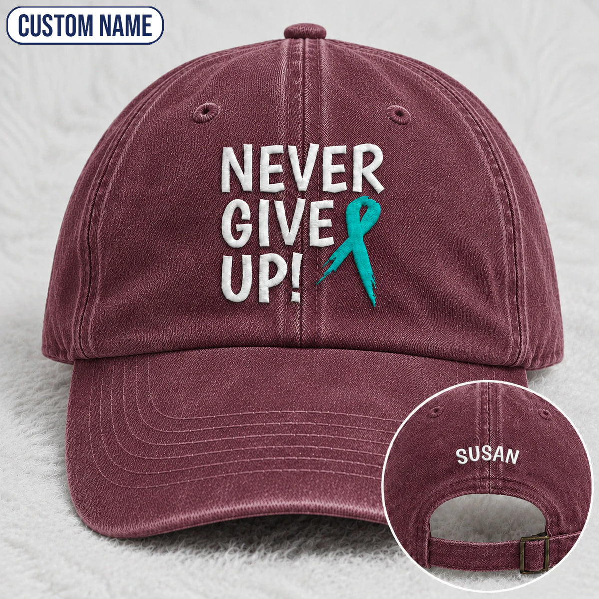 Personalized Never Give Up Teal Ribbon Embroidered Washed Cap