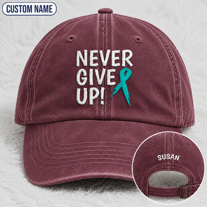 Personalized Never Give Up Teal Ribbon Embroidered Washed Cap