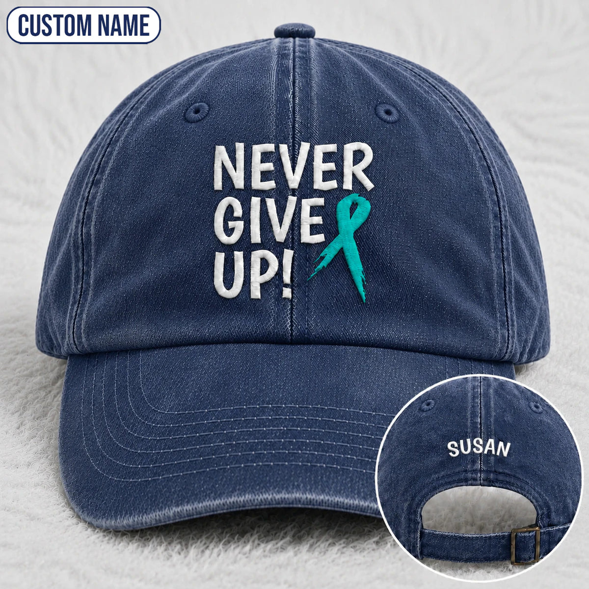 Personalized Never Give Up Teal Ribbon Embroidered Washed Cap