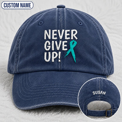Personalized Never Give Up Teal Ribbon Embroidered Washed Cap
