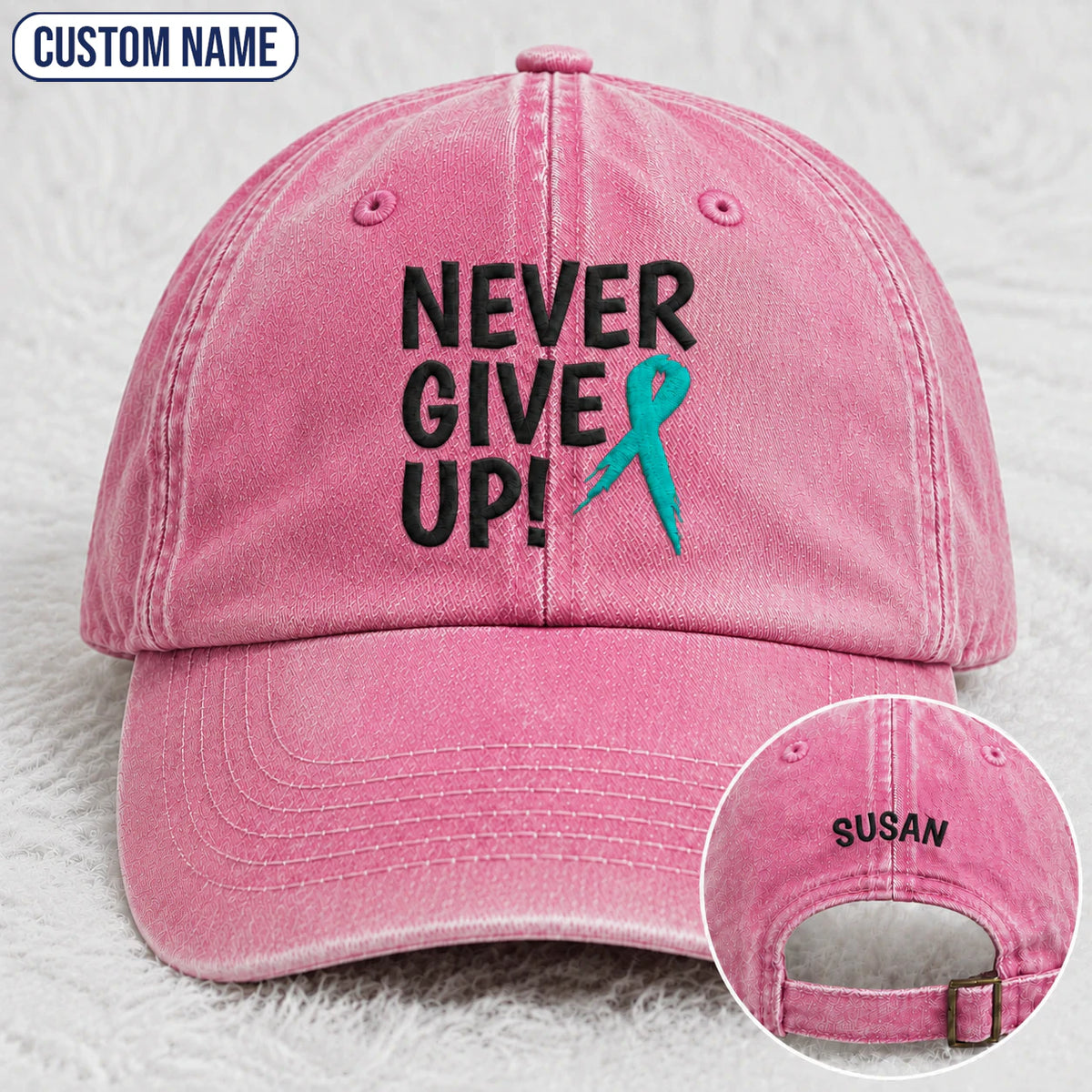 Personalized Never Give Up Teal Ribbon Embroidered Washed Cap