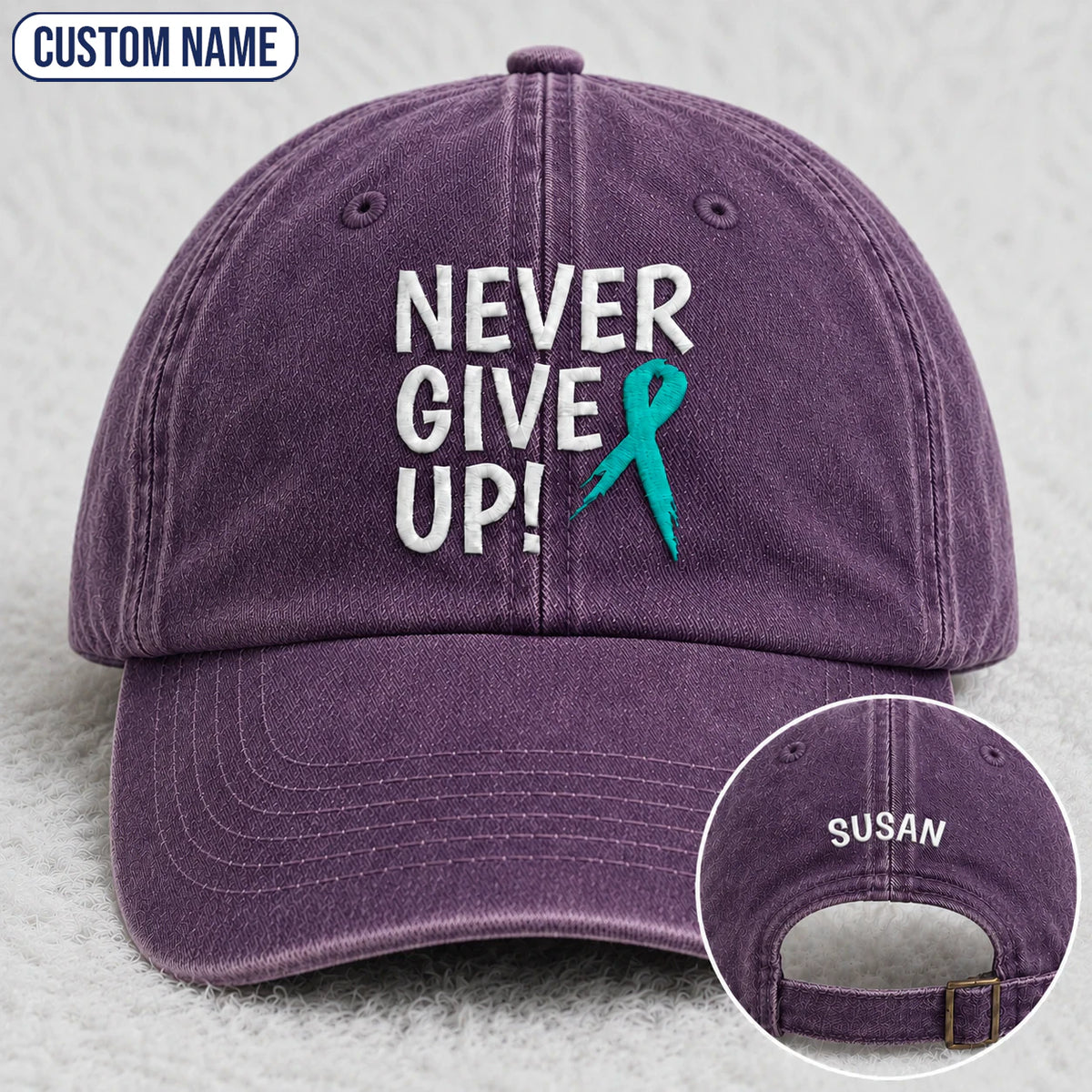 Personalized Never Give Up Teal Ribbon Embroidered Washed Cap