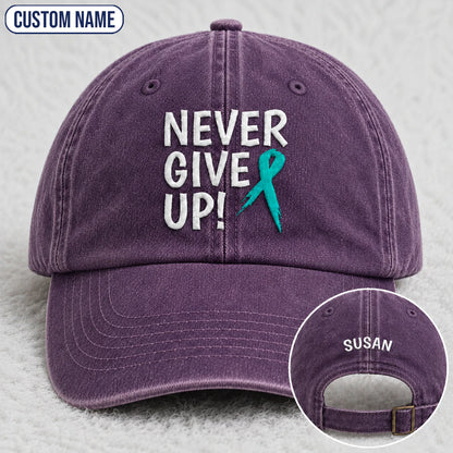 Personalized Never Give Up Teal Ribbon Embroidered Washed Cap
