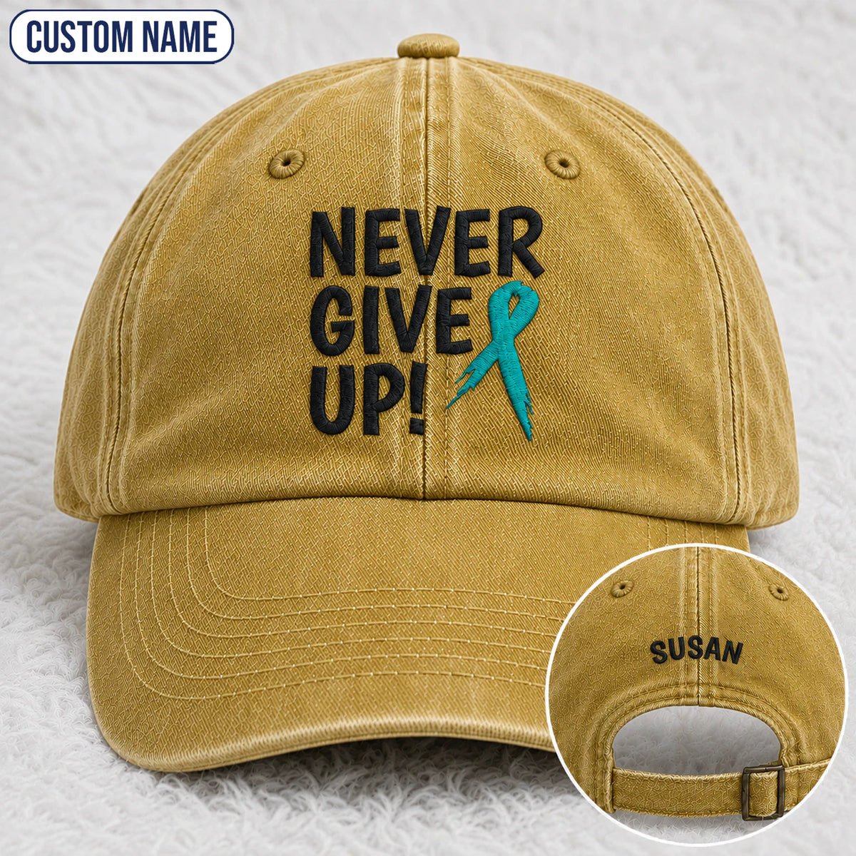 Personalized Never Give Up Teal Ribbon Embroidered Washed Cap