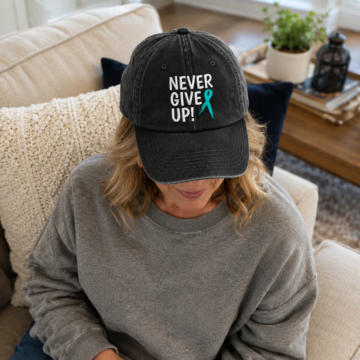 Personalized Never Give Up Teal Ribbon Embroidered Washed Cap
