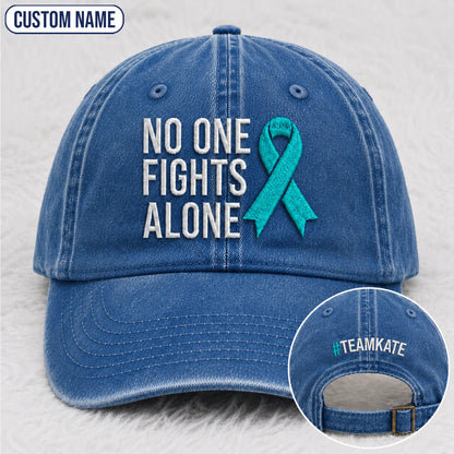 Personalized No One Fights Alone Teal Ribbon Embroidered Washed Cap