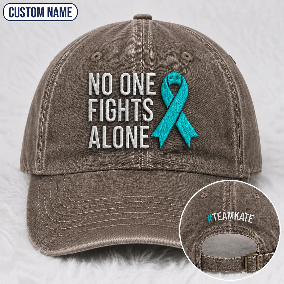 Personalized No One Fights Alone Teal Ribbon Embroidered Washed Cap